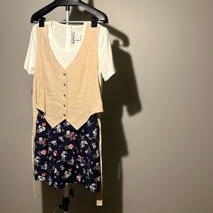 Two Toned Floral Dress with Attached Vest Overlay. Shoulder Pads Included.